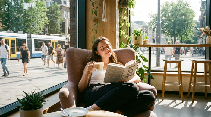 Eine junge Frau sitzt tiefenentspannt in einem modernen Café, trinkt einen Cappuccino und liest ein Buch. Sie genießt sichtlich ihre freie Zeit. Durch das Fenster sieht man eine belebte, sonnige Straße. Ruhige, gemütliche Stimmung, fotorealistisch.