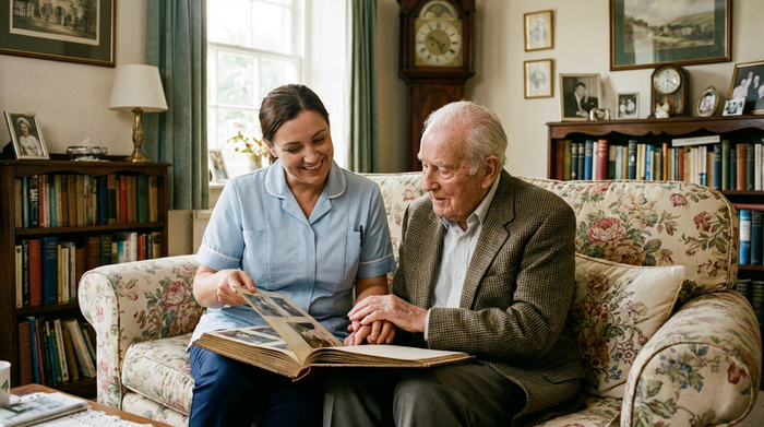 Eine einfühlsame Betreuerin blättert gemeinsam mit einem älteren Herrn in einem alten Fotoalbum. Beide sitzen auf einem bequemen Sofa in einem altmodisch, aber ordentlich eingerichteten Wohnzimmer. Der Fokus liegt auf der geduldigen und vertrauensvollen Interaktion.