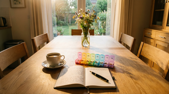 Ein ordentlich angerichteter Esstisch mit einer Tasse Kaffee, einem aufgeschlagenen Notizbuch und einem Stift. Daneben liegt ein farbenfroher, gut sortierter Tablettenspender für eine Woche. Das warme Morgenlicht fällt durch das Fenster. Aufgeräumte und strukturierte Atmosphäre.