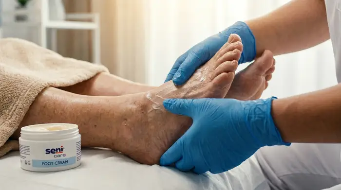 Nahaufnahme der gepflegten Füße einer älteren Person, die von einer professionellen Pflegekraft vorsichtig mit einer speziellen Creme massiert werden. Helles, steriles aber warmes Licht.