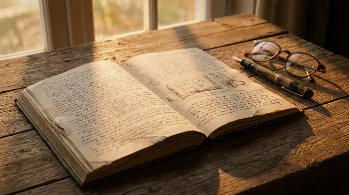 Ein aufgeschlagenes, handschriftlich geführtes Notizbuch auf einem Holztisch, daneben eine Lesebrille und ein Füller. Warmes Licht am späten Nachmittag.