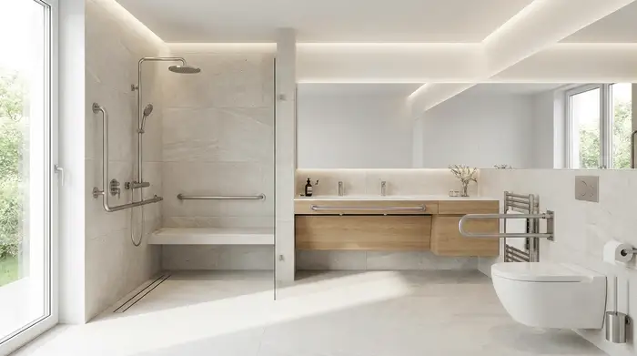 Ein modernes, helles und komplett barrierefreies Badezimmer mit einer großzügigen, bodengleichen Dusche und eleganten Haltegriffen an den Wänden.
