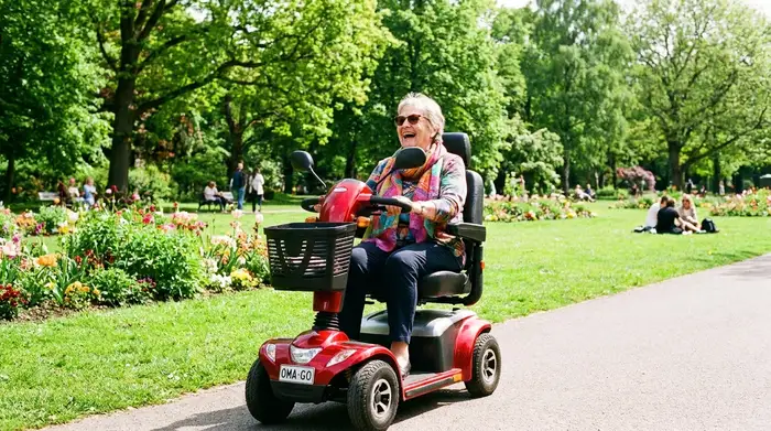 Eine fröhliche ältere Dame fährt mit einem modernen, roten Elektromobil durch einen sonnigen, grünen Park und lächelt entspannt.
