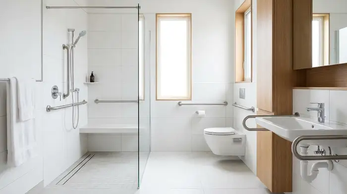 Ein helles, modernes und barrierefreies Badezimmer mit einer ebenerdigen Dusche und dezenten Haltegriffen an den Wänden. Sauber, aufgeräumt, sichere und komfortable Ausstrahlung, ohne Text.