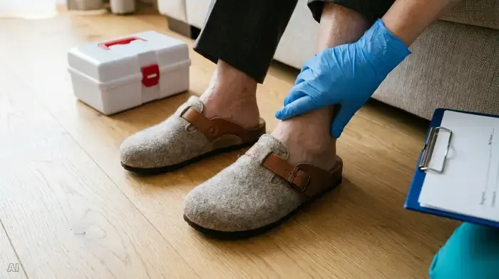 Nahaufnahme der Füße einer älteren Person in bequemen, stützenden orthopädischen Hausschuhen auf einem hellen Holzboden. Eine pflegende Hand berührt sanft den Knöchel, um die Sensibilität zu prüfen. Die Szene wirkt fürsorglich und medizinisch fundiert.