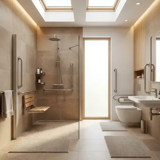 Ein modern eingerichtetes, helles Badezimmer für Senioren. Eine bodengleiche, geräumige Dusche mit einem klappbaren Duschsitz und stabilen, metallischen Haltegriffen an der Wand. Rutschfeste, matte Fliesen in warmen Erdtönen sorgen für Sicherheit.