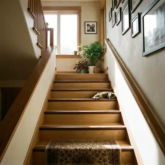 Ein gut beleuchteter Treppenaufgang in einem gemütlichen Wohnhaus. Auf beiden Seiten der Treppe sind durchgehende, stabile Holzhandläufe montiert. Die Stufenkanten heben sich durch einen dunkleren Farbton deutlich vom restlichen Holz ab.