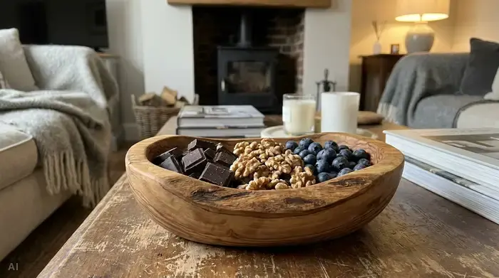 Eine kleine, ansprechende Holzschale gefüllt mit dunkler Schokolade, Walnüssen und frischen Heidelbeeren auf einem Couchtisch. Gemütliches Wohnzimmer-Ambiente im Hintergrund.