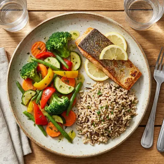 Ein appetitlich angerichteter Teller nach dem Tellermodell: Die Hälfte besteht aus buntem, gedünstetem Gemüse, ein Viertel aus einem Stück Lachs und ein Viertel aus Vollkornreis.