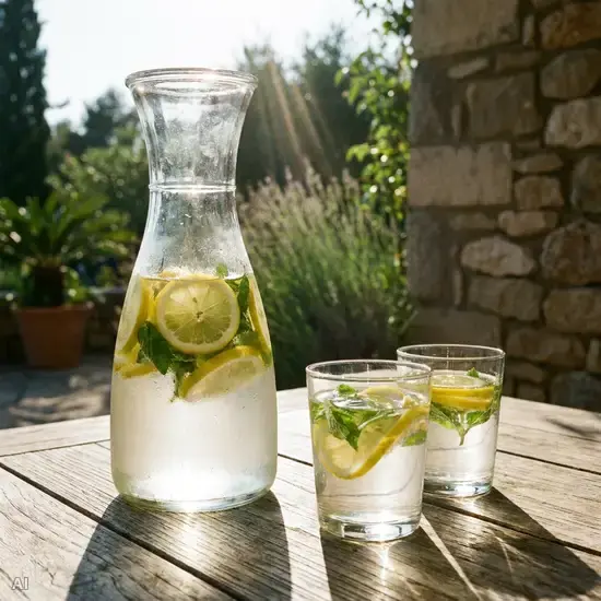 Eine große Glaskaraffe mit stillem Wasser, garniert mit frischen Zitronenscheiben und Minzblättern, daneben zwei gefüllte Gläser auf einem sonnigen Holztisch.