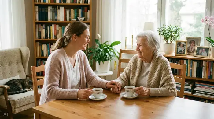 Eine Pflegerin und eine ältere Dame sitzen sich am Tisch gegenüber, beide lächeln sich verständnisvoll an. Ein harmonisches Gespräch auf Augenhöhe in einer wohnlichen Umgebung.