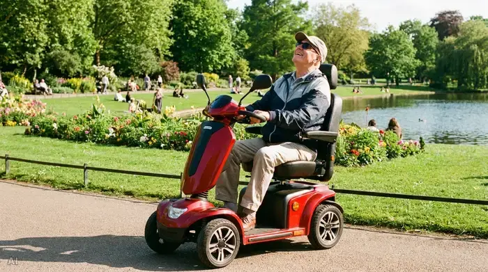 Ein rüstiger Senior fährt an einem sonnigen Tag mit einem modernen roten Elektromobil durch einen grünen Park und genießt sichtlich die frische Luft.