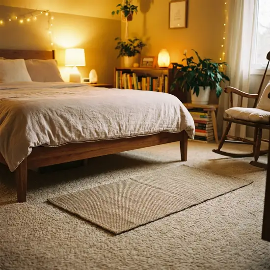 Eine dezente Sensormatte, die direkt vor einem gemütlichen Pflegebett auf einem weichen Teppichboden liegt, in einem warm beleuchteten Schlafzimmer.