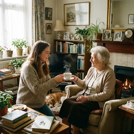 Eine harmonische Szene im Wohnzimmer, in der eine junge Frau geduldig und mit einem warmen Lächeln einer älteren Dame eine Tasse Kaffee anbietet.