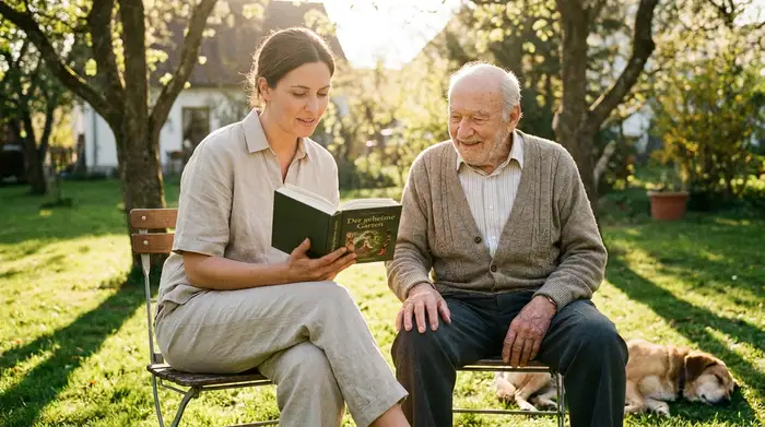 Eine freundliche Pflegekraft in neutraler Kleidung sitzt gemeinsam mit einem älteren Herrn im Garten und liest ihm entspannt aus einem Buch vor. Helle, sonnige Atmosphäre.
