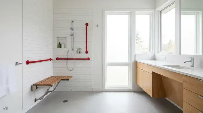 Ein modernes, helles Badezimmer mit einer bodengleichen, begehbaren Dusche. An der weißen Wand sind deutlich sichtbare, rote Haltegriffe angebracht. Ein stabiler Duschsitz ist an der Wand montiert. Das Badezimmer wirkt sicher, aufgeräumt und barrierefrei.