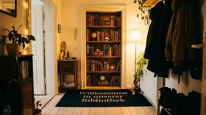 Eine geschlossene Wohnungstür in einem gemütlichen, warm beleuchteten Flur. Die Tür ist komplett mit einem realistischen Fotomotiv eines gut gefüllten Bücherregals beklebt. Davor liegt eine große, tiefschwarze Fußmatte auf dem hellen Holzboden.