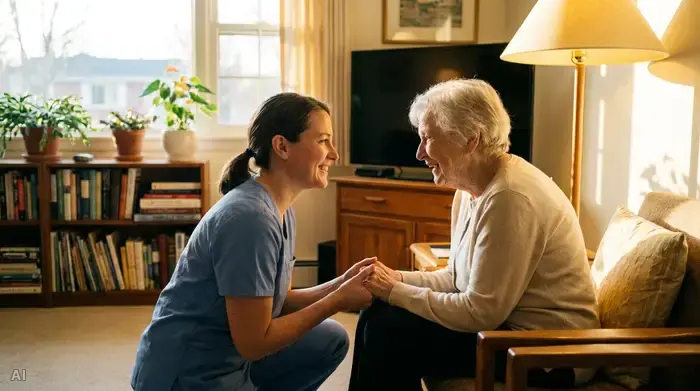 Eine geduldige Pflegerin kniet auf Augenhöhe vor einer älteren Dame, lächelt sanft und strahlt absolute Ruhe aus. Die Szene ist warm beleuchtet, harmonisch und zeigt eine respektvolle, zugewandte Kommunikation.