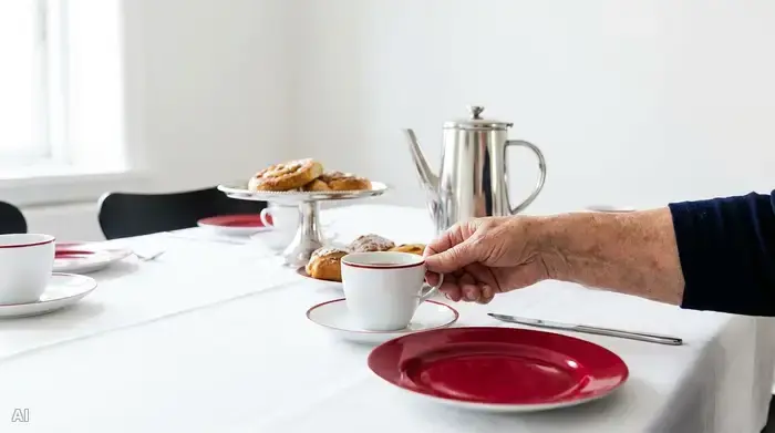 Eine ordentlich gedeckte Kaffeetafel mit deutlichen Farbkontrasten: Rote Teller auf einer reinweißen Tischdecke. Eine ältere Hand greift sicher nach einer Kaffeetasse. Die Umgebung ist aufgeräumt, hell und klar strukturiert.