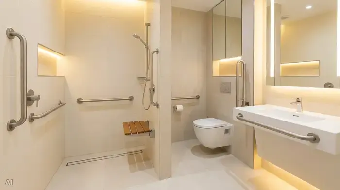 Ein modernes, barrierefreies Badezimmer mit einer großzügigen, ebenerdigen Dusche und stabilen Haltegriffen an den Wänden. Das Bad wirkt extrem sauber, sicher und einladend durch helle Fliesen und warmes Licht.