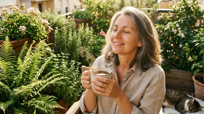 Eine Frau mittleren Alters entspannt sich mit geschlossenen Augen bei einer dampfenden Tasse Tee auf einer sonnigen Terrasse. Sie wirkt erholt und atmet tief durch, umgeben von friedlichen grünen Pflanzen.