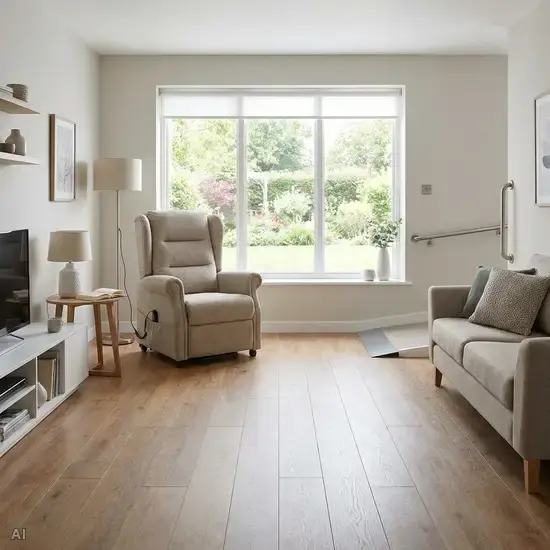 Ein aufgeräumtes, barrierefreies Wohnzimmer mit breiten Laufwegen. Ein eleganter, stabiler Aufstehsessel steht neben einem gut beleuchteten Fenster, ohne störende Kabel am Boden.