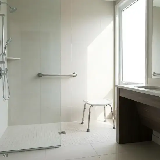 Ein modernes, barrierefreies Badezimmer mit einer bodengleichen Dusche. An der hellen Fliesenwand ist ein stabiler, metallischer Haltegriff montiert. Ein rutschfester Duschhocker steht bereit.