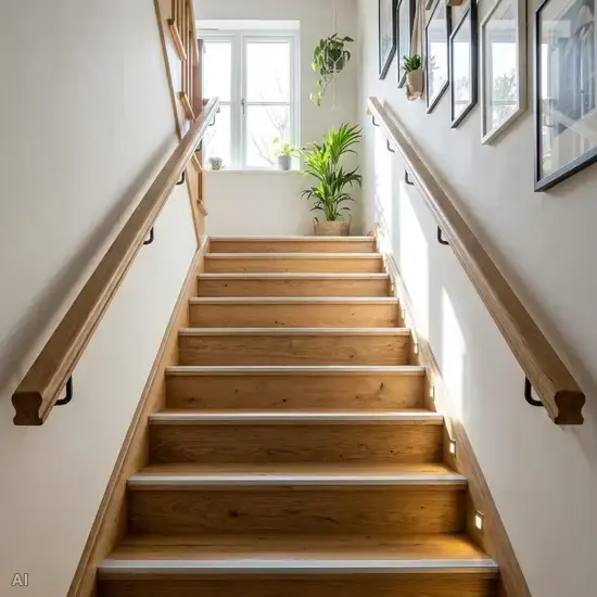 Eine gut beleuchtete Holztreppe im Innenbereich eines Hauses. Auf beiden Seiten sind stabile Handläufe angebracht, und die Stufenkanten sind mit hellen, rutschfesten Streifen markiert.