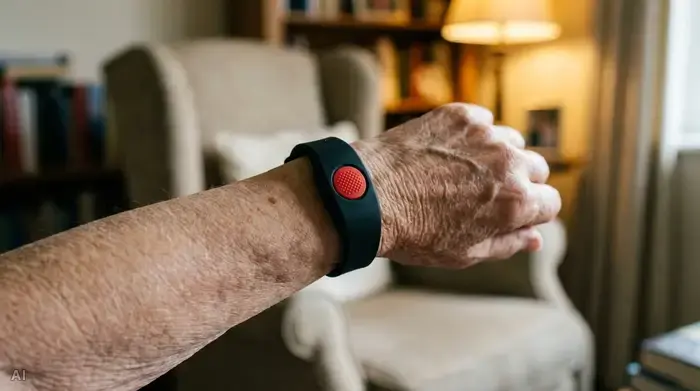 Eine Nahaufnahme des Handgelenks einer älteren Person, die ein modernes, unauffälliges Hausnotruf-Armband mit einem markanten roten Knopf trägt. Der Hintergrund zeigt unscharf einen gemütlichen Wohnraum.