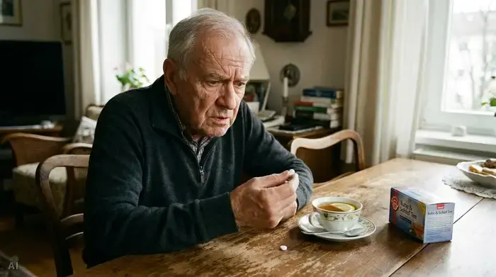 Ein älterer Herr sitzt nachdenklich am Esstisch und schaut skeptisch auf eine kleine weiße Tablette in seiner Hand. Neben ihm steht eine Tasse Kräutertee. Sanftes Tageslicht, detaillierte Mimik, realistische Darstellung von Sorge.