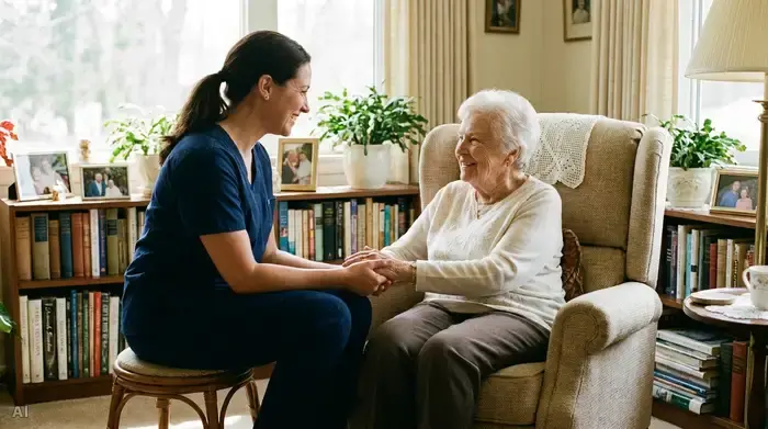 Eine Pflegerin sitzt auf Augenhöhe mit einer älteren Dame im Sessel. Beide lächeln sich verständnisvoll an. Die Pflegerin hält beruhigend die Hand der Seniorin. Harmonische, stressfreie Stimmung.