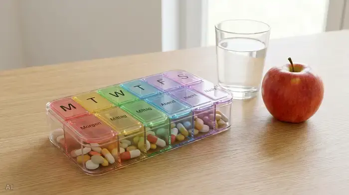 Nahaufnahme einer modernen, farblich sortierten Medikamentenbox auf einem sauberen Holztisch, daneben ein Glas Wasser und ein frischer Apfel. Helle, aufgeräumte Umgebung.
