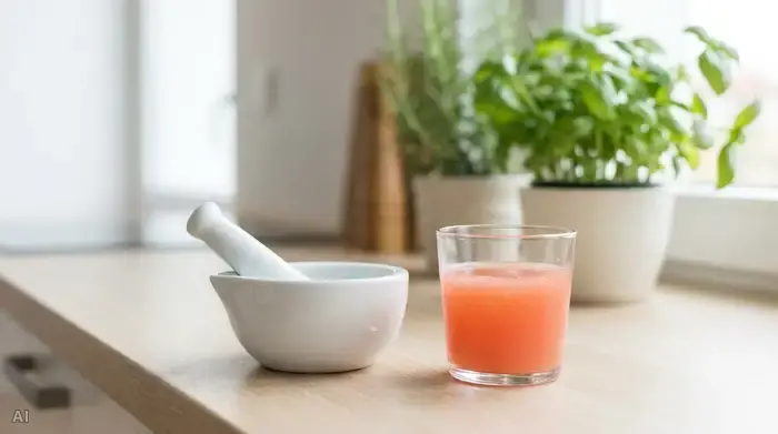 Ein Mörser aus Porzellan steht neben einem Glas Grapefruitsaft auf einer Küchenzeile. Im Hintergrund verschwommen eine Küchenpflanze. Saubere und klare Fotografie ohne Text.