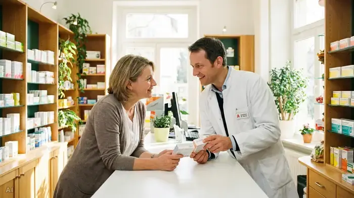 Ein freundlicher Apotheker im weißen Kittel berät eine Frau mittleren Alters am Tresen einer hellen Apotheke. Sie betrachten gemeinsam kleine Medikamentenschachteln. Vertrauensvolle, professionelle Szene.