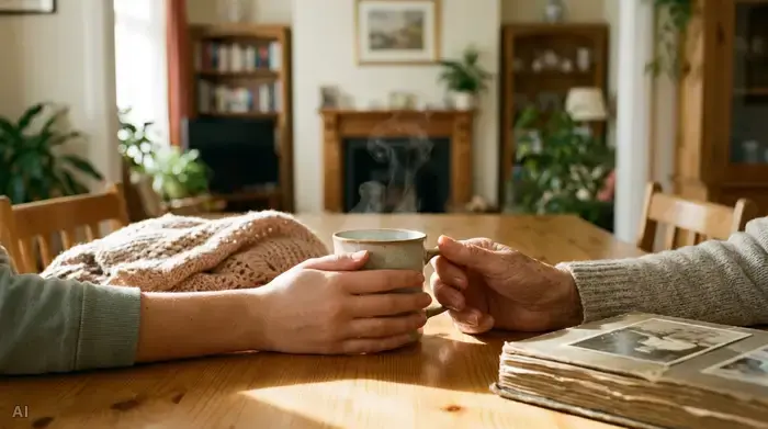 Zwei Hände, eine jung, eine alt, halten gemeinsam eine Tasse Tee an einem hellen Holztisch. Im Hintergrund unscharf ein gemütliches Esszimmer. Die Szene symbolisiert finanzielle und emotionale Unterstützung in der häuslichen Pflege.