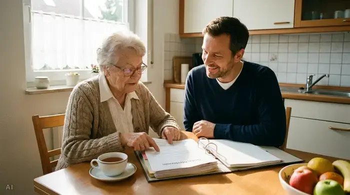 Eine gut vorbereitete Aktenmappe auf einem aufgeräumten Küchentisch. Eine ältere Dame und ihr Sohn sitzen zusammen und besprechen ruhig Dokumente für den Gutachtertermin. Angenehmes Licht, fokussierte und positive Stimmung.