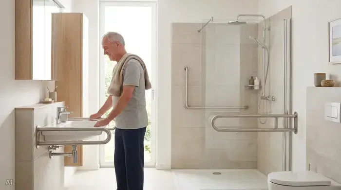 Ein modernes, helles und barrierefreies Badezimmer mit bodengleicher Dusche und einem sicheren Haltegriff an der Wand. Ein älterer Mann mit Handtuch über der Schulter steht sicher und lächelnd vor dem Waschbecken.