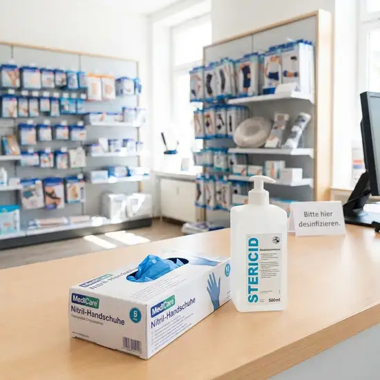 Eine ordentliche, helle Sanitätshaus-Theke. Im Hintergrund unscharfe Regale. Im Fokus eine geöffnete Schachtel mit Einmalhandschuhen und einer Flasche Desinfektionsmittel.