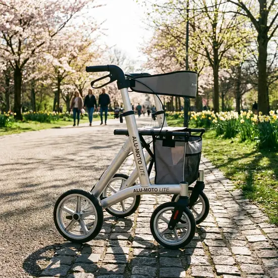 Ein moderner, leichter Aluminium-Rollator steht sicher auf einem gepflasterten Weg in einem sonnigen Park bei frühlingshaftem Wetter.