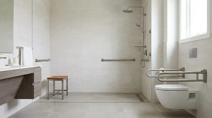 Ein modern umgebautes, barrierefreies Badezimmer mit einer ebenerdigen, begehbaren Dusche, in der ein rutschfester Duschhocker und stabile Haltegriffe an der hell gefliesten Wand montiert sind.