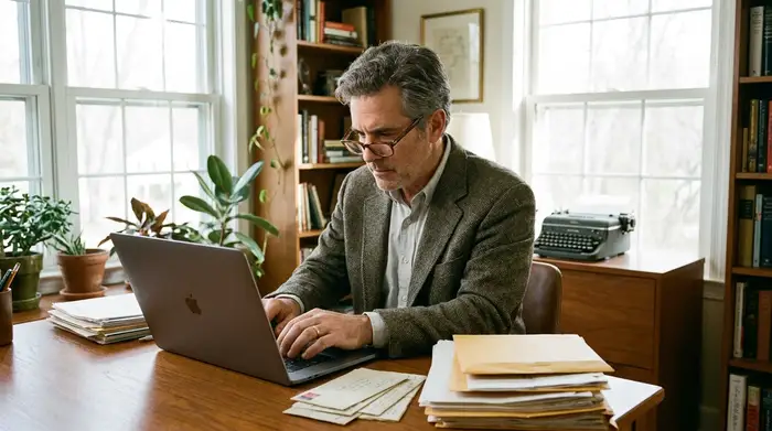 Ein graumelierter Mann sitzt fokussiert an einem Schreibtisch und tippt auf seinem Laptop. Neben ihm liegen ordentlich aufgestapelte Dokumente und Briefumschläge in einem hellen Arbeitszimmer.