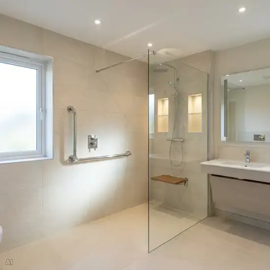 Ein modernes, barrierefreies Badezimmer mit einer bodengleichen Dusche, eleganten, rutschfesten Fliesen und einem stabilen, verchromten Haltegriff an der Wand. Helle und freundliche Beleuchtung.