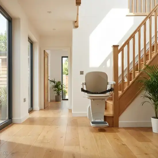 Ein gut beleuchteter Flur in einem Einfamilienhaus mit einem modernen, sicheren Treppenlift, der an einer Holztreppe installiert ist. Sauberer Holzboden ohne lose Teppiche.