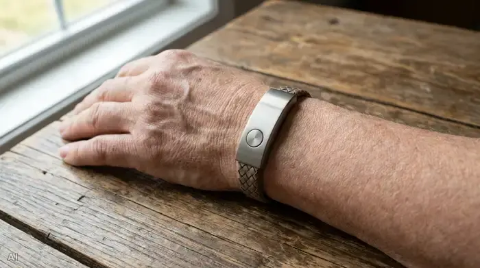 Ein diskreter, moderner Hausnotruf-Sender, der als elegantes Armband am Handgelenk eines Senioren getragen wird. Die Hand ruht entspannt auf einem Holztisch.