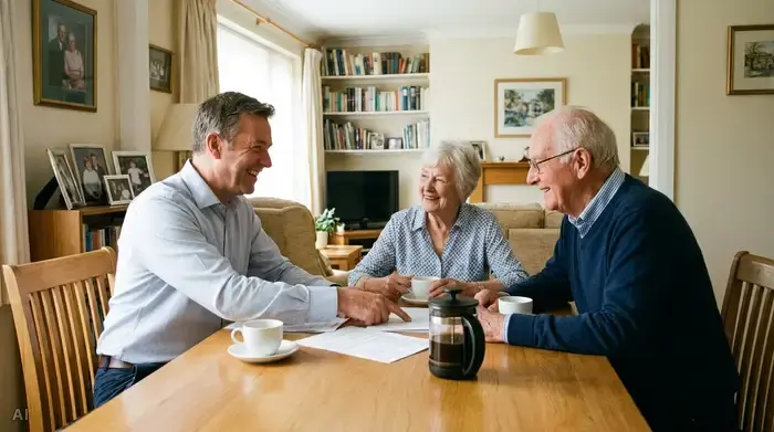Ein freundlicher Pflegeberater sitzt gemeinsam mit einem älteren Ehepaar am Esstisch. Sie lächeln und besprechen entspannt Unterlagen bei einer Tasse Kaffee.