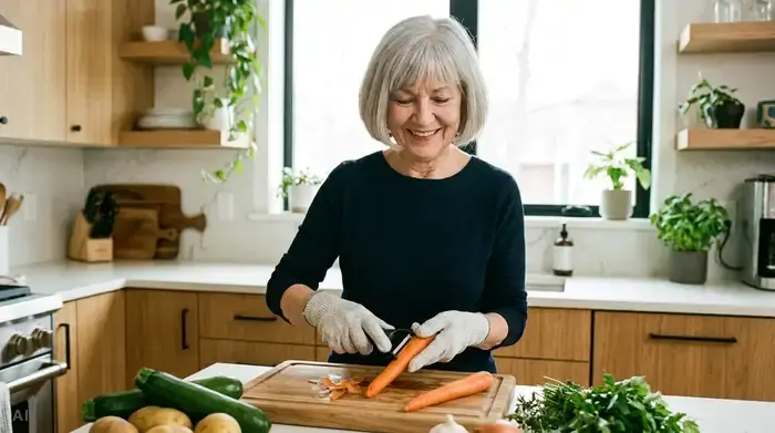 Eine ältere Dame mit grauen Haaren trägt hochwertige, helle Schnittschutzhandschuhe und schneidet mit einem ergonomischen Sparschäler frisches Gemüse in einer modernen, gut beleuchteten Küche. Freundliche und sichere Atmosphäre.