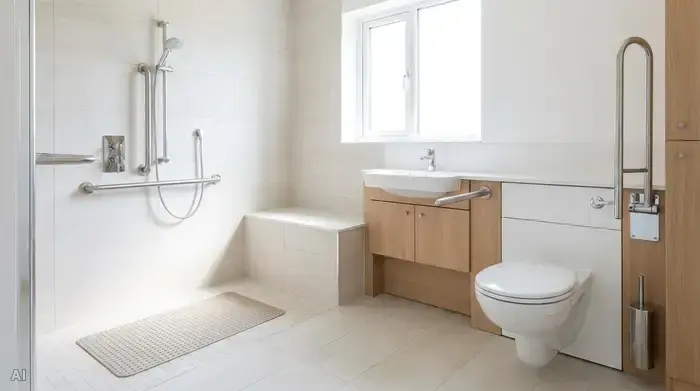 Ein helles, komplett barrierefreies Badezimmer mit einer bodengleichen Dusche, stabilen Edelstahl-Haltegriffen an den hellen Fliesen und einer rutschfesten Badematte auf dem Boden. Modernes, sicheres Design, völlig frei von Stolperfallen.