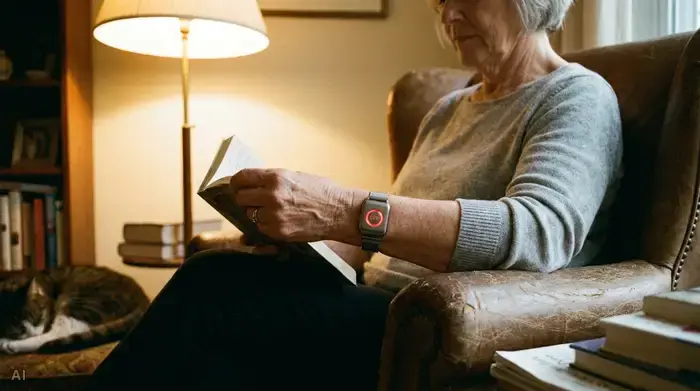 Ein gut sichtbarer, moderner Hausnotruf-Sender, getragen als elegantes Armband am Handgelenk einer älteren Person, die friedlich in einem bequemen Sessel liest. Sanftes Wohnzimmerlicht, fokussiert auf das sichere Handgelenk.