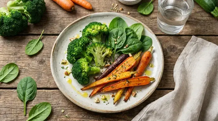 Ein frischer, bunter Gemüseteller mit Brokkoli, Spinat und Karotten auf einem rustikalen Holztisch. Appetitlich angerichtet, natürliches Tageslicht. Gesundheitsbewusste Ernährung im Fokus, harmonische Farben.