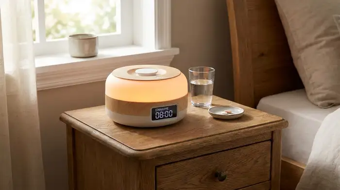 Ein moderner, runder elektronischer Tablettenspender steht auf einem hölzernen Nachttisch und leuchtet sanft auf, um an die Einnahme zu erinnern. Ein Glas Wasser steht direkt daneben.